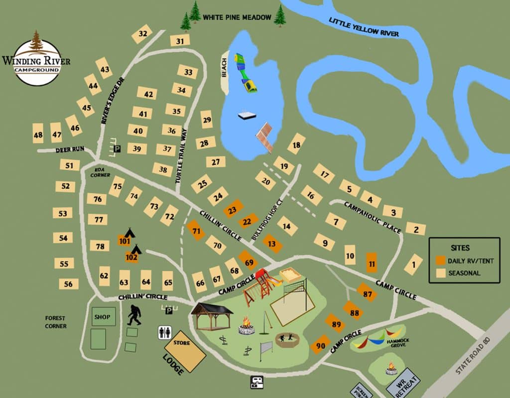Winding river campground map in detail with sites and amenities